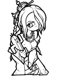 1girl :| bead_necklace beads belt belt_buckle bent_over braid braided_bun breasts buckle closed_mouth dress eyelashes final_fantasy final_fantasy_x fur-trimmed_dress fur_trim hair_bun hair_ornament hair_over_one_eye hair_stick holding jewelry large_breasts lineart long_hair long_sleeves lulu_(ff10) mole mole_under_mouth monochrome multiple_necklaces name_omoitukan2 necklace sabotender simple_background single_hair_bun solo thick_lineart white_background