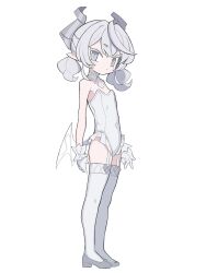 1girl absurdres aged_down bare_shoulders demon_girl demon_horns demon_wings dress drill_hair duel_monster earrings expressionless flat_chest full_body grey_eyes grey_hair high_heels highres horns jewelry ketsu_juuji_killer_(kejuki) looking_at_viewer lovely_labrynth_of_the_silver_castle low_wings pointy_ears simple_background slit_pupils solo strapless strapless_dress twin_drills white_background white_dress wings yu-gi-oh!