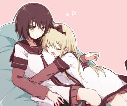 2girls :d bean_bag_chair between_legs blonde_hair blush bow brown_eyes brown_hair brown_sailor_collar brown_skirt closed_eyes cuddling dress feet_out_of_frame funami_yui hair_bow hair_ornament head_on_another&#039;s_shoulder heart hug kneehighs knees layered_sleeves light_blush long_hair long_sleeves lying lying_on_person migimiya_yoru multiple_girls nanamori_school_uniform on_person open_mouth pink_background pleated_dress sailor_collar sailor_dress school_uniform serafuku short_hair short_over_long_sleeves short_sleeves simple_background skirt smile socks toshinou_kyouko yuri yuru_yuri