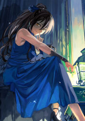 Rule 34 | 1girl, arm on knee, black footwear, black hair, blue dress, blue nails, breasts, cleavage, dress, earrings, finger to mouth, hair between eyes, high heels, highres, idolmaster, idolmaster shiny colors, jewelry, large breasts, long hair, looking at viewer, nail polish, otsudou, ponytail, shirase sakuya, shushing, sitting, sleeveless, sleeveless dress, smile, solo, strappy heels, wrist cuffs, yellow eyes