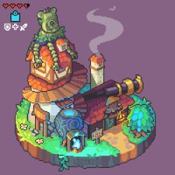 animated animated_gif artist_name blue_fire building chimney fire flower grass guardian_(zelda) heart highres nintendo no_humans pixel_jess robot scenery simple_background smoke stairs telescope the_legend_of_zelda the_legend_of_zelda:_breath_of_the_wild tree wind
