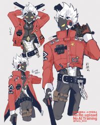 Rule 34 | 1boy, arms up, artist name, belt, belt buckle, belt chain, billy kid, black belt, black pants, buckle, chain, commentary request, cowboy shot, cropped jacket, cropped legs, cyborg, dual wielding, gun, hally, hand up, handgun, highres, holding, holding gun, holding weapon, jacket, long sleeves, looking at viewer, looking to the side, male focus, multiple views, musical note, notice lines, open clothes, open jacket, pants, pouch, red jacket, sheriff badge, short hair, spiked hair, studded belt, thigh pouch, thigh strap, translation request, twitter username, watermark, weapon, white hair, yellow eyes, zenless zone zero