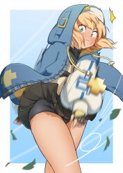 1boy androgyne_symbol aqua_eyes bike_shorts bike_shorts_under_skirt black_gloves black_shorts black_skirt blonde_hair blush bridget_(guilty_gear) commentary fingerless_gloves gloves guilty_gear guilty_gear_strive highres hood hood_up hooded_jacket hoodie jacket long_sleeves looking_at_viewer male_focus medium_hair open_clothes open_hoodie pleated_skirt shorts skirt trap yotubawatane