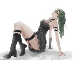 1girl absurdres arm_strap arm_support bare_shoulders belt black_belt black_choker black_dress black_gloves boots breasts choker cleavage collarbone dress full_body gloves green_hair hair_between_eyes hazuki_kono high_heels highres knee_boots legs long_hair looking_at_viewer medium_breasts parted_lips ponytail purple_eyes side_ponytail simple_background single_glove sitting skirt sleeveless solo sousou_no_frieren thigh_strap thighs ubel_(sousou_no_frieren) white_background