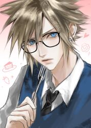 Rule 34 | 1boy, 3 3lecho, absurdres, alternate costume, bespectacled, black-framed eyewear, black necktie, blonde hair, blue eyes, blue vest, cake, cake slice, cloud strife, collared shirt, commentary, earrings, final fantasy, final fantasy vii, food, fork, glasses, heart, highres, holding, holding fork, holding utensil, jewelry, looking to the side, lower eyelashes only, male focus, necktie, piercing, shirt, sideways glance, solo, stud earrings, upper body, utensil, vest, white shirt, wing collar