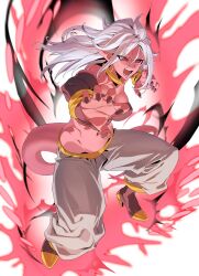 1girl absurdres android_21 aura bare_shoulders black_sclera black_sleeves black_tube_top breasts cleavage colored_sclera detached_sleeves dragon_ball dragon_ball_fighterz dragonball_z energy fangs full_body glowing harem_pants highres large_breasts long_hair majin_android_21 navel open_mouth pants red_eyes simple_background solo strapless tail teeth tongue tube_top white_background white_hair white_pants zequung zquung