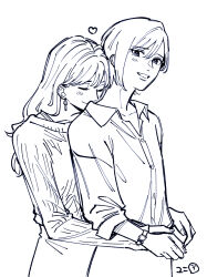 Rule 34 | 2girls, artist name, asano ayako, closed eyes, earrings, fujimura saori, heart, highres, hug, hug from behind, jewelry, long hair, monochrome, multiple girls, nikurashii hodo aishiteru, shirt, short hair, smile, sweater, watch, yuni (monoxx)