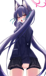 1girl absurdres angry animal_ear_fluff animal_ears bike_shorts black_hair black_jacket black_shorts black_skirt blue_archive blue_ribbon blush cat_ears cat_girl commentary cowboy_shot embarrassed eyelashes fang floating_hair from_behind fujiwara_haru_(nekonote) hair_between_eyes hair_intakes hair_ribbon halo highres jacket long_hair looking_at_viewer looking_back miniskirt nose_blush open_mouth pink_halo plaid_clothes plaid_skirt pleated_skirt red_eyes red_pupils ribbon school_uniform serika_(blue_archive) shorts simple_background skin_fang skirt skirt_tug sleeves_past_wrists slit_pupils solo straight_hair tsurime twintails v-shaped_eyebrows very_long_hair white_background