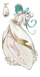 1girl absurdres alternate_costume aqua_eyes aqua_hair artistic_error bare_shoulders barefoot bracelet closed_mouth commentary dress full_body hair_between_eyes hair_ornament hatsune_miku highres holding holding_microphone jewelry long_hair looking_at_viewer microphone multiple_bracelets off-shoulder_dress off_shoulder simple_background single_fishnet_legwear soap_bottle solo squeeze_bottle thighlet very_long_hair vocaloid wabao_laowusuo white_background white_dress wrong_foot