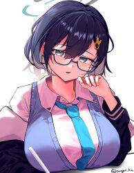 1girl absurdres aqua_halo black_hair black_halo black_jacket blue-framed_eyewear blue_archive blue_eyes blue_necktie blush breast_rest breasts breasts_on_table buttons cardigan_vest chihiro_(blue_archive) collared_shirt commentary glasses grey_hair hair_between_eyes hair_ornament hairclip halo hand_on_own_cheek hand_on_own_face hands_up highres holding holding_pencil jacket large_breasts long_sleeves looking_at_viewer multicolored_hair multicolored_halo multicolored_jacket necktie off_shoulder open_clothes open_jacket parted_lips pencil rabbit_hair_ornament revision school_uniform semi-rimless_eyewear shirt short_hair simple_background solo streaked_hair tongari_kin twitter_username two-tone_hair two-tone_halo two-tone_jacket under-rim_eyewear upper_body white_background white_jacket white_shirt