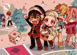 2girls 4boys akane_aoi aoi_akane arms_up behind_another chibi chibi_only confetti dice grass hanako_(jibaku_shounen_hanako-kun) hanoyuta jibaku_shounen_hanako-kun minamoto_kou mitsuba_sousuke multiple_boys multiple_girls official_art standing tree yashiro_nene