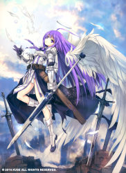 1girl ahoge angel_wings armor aselia_bluespirit belt boots cloud dress eien_no_aselia eternity_sword_series feathers female_focus floating gloves halo highres hitomaru knee_boots long_hair official_art panties polearm purple_eyes purple_hair sheath sky solo spear sword underwear waist_cape weapon white_panties wind wind_lift wings