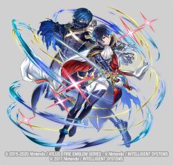 2boys aoi_itsuki armored_boots blue_eyes blue_hair boots cape chrom_(fire_emblem) copyright_notice epaulettes facial_mark fire_emblem fire_emblem_heroes full_body gloves grey_background male_focus mikurou_(nayuta) multiple_boys nintendo official_art sparkle sword tokyo_mirage_sessions_fe weapon