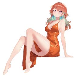 1girl absurdres alternate_costume barefoot breasts commentary dress earrings english_commentary feather_earrings feathers gradient_hair green_hair highres hololive hololive_english jewelry legs looking_at_viewer multicolored_hair orange_hair purple_eyes red_dress simple_background solo takanashi_kiara takokatsu virtual_youtuber white_background