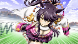 Rule 34 | 1girl, afterimage, animal ears, bandaid, bandaid on face, bandaid on nose, black hair, breasts, cleavage, coat, fingerless gloves, gloves, hair between eyes, highres, horse ears, horse girl, kitsutsuki (dzgu4744), large breasts, long hair, long sleeves, looking at viewer, motion blur, mouth hold, narita brian (umamusume), plaid clothes, plaid skirt, pleated skirt, ponytail, purple gloves, purple skirt, running, skirt, solo, stalk in mouth, textless version, umamusume, white coat, yellow eyes