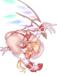 Rule 34 | 1girl, ass, bent over, blonde hair, crystal wings, elbow gloves, expressionless, flandre scarlet, full body, gloves, hat, high heels, highres, looking at viewer, mersoleil03, mob cap, red eyes, revealing clothes, side ponytail, simple background, solo, thighhighs, touhou, touhou tag dream, white background, wrestling outfit