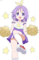 1girl absurdres cheerleader collarbone convenient_leg cynical_(llcbluckg_c004) dress hairband highres hiiragi_tsukasa holding holding_pom_poms leg_up lucky_star open_mouth pom_pom_(cheerleading) pom_poms purple_dress purple_eyes purple_hair red_shoes shoes short_hair sneakers socks solo star_(symbol) white_socks yellow_hairband