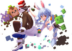 :d ame. animal_ear_fluff animal_ears arm_up bare_shoulders black_gloves black_leotard blue_hair blush bow braid breasts brown_pantyhose carrot_hair_ornament commentary_request diamond_(gemstone) dress explosive food-themed_hair_ornament frilled_thigh_strap full_body fur-trimmed_dress fur-trimmed_gloves fur_trim gloves hair_bow hair_ornament highres hololive leotard long_hair looking_at_viewer medium_breasts minecraft multicolored_hair open_mouth pantyhose rabbit_ears rabbit_tail shoe_soles shoes smile solo strapless strapless_dress strapless_leotard teeth thigh_strap tnt tnt_block_(minecraft) twin_braids twintails two-tone_hair upper_teeth_only usada_pekora usada_pekora_(1st_costume) very_long_hair virtual_youtuber white_background white_bow white_dress white_hair white_shoes