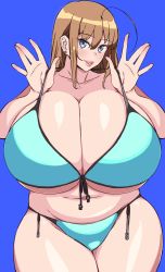 1girl ahoge aqua_bikini bare_shoulders belly bikini blue_background blue_bikini blue_eyes breasts brown_hair cleavage commentary_request cowboy_shot earrings female_focus front-tie_bikini_top front-tie_top fupa gigantic_breasts head_tilt highres huge_ahoge jewelry komusou_(jinrikisha) legs_together lips long_hair looking_at_viewer midriff navel nishida_megane ooba_minori original parted_lips plump side-tie_bikini_bottom simple_background skindentation smile solo standing stud_earrings swimsuit thick_lips thick_thighs thighs underboob wide_hips