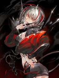 1girl antenna_hair arknights black_background black_shorts commentary cowboy_shot crop_top cropped_jacket dagger demon_horns from_side grey_hair hand_on_own_hip highres holding holding_dagger holding_knife holding_weapon horns jacket kikan_(kikanoe) knife long_sleeves looking_at_viewer multicolored_hair orange_eyes red_horns red_jacket short_hair shorts smile smoke solo standing tail w_(arknights) weapon wis&#039;adel_(arknights)