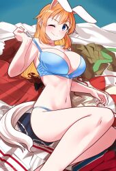 Rule 34 | 1girl, absurdres, animal ears, bikini, blue bra, blue eyes, blue panties, blue shorts, blush, bra, breasts, charlotte e. yeager, cleavage, closed mouth, collarbone, green necktie, highres, hiroshi (hunter-of-kct), large breasts, long hair, looking at viewer, navel, necktie, one eye closed, orange hair, panties, rabbit ears, rabbit tail, red bikini, short shorts, shorts, skindentation, smile, solo, strike witches, swimsuit, tail, underwear, unworn bikini top, unworn necktie, unworn shorts, world witches series
