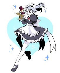 1girl absurdres apron bloody_marie_(skullgirls) brooch frilled_apron frilled_skirt frills grey_hair hair_ornament hat heart highres jack-in-the-box jewelry maid_headdress mary_janes pantyhose peacock_(skullgirls) red_eyes shoes skirt skull_hair_ornament skullgirls smile solo soylakagura sparkle top_hat toy twintails