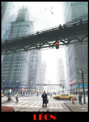 1boy building car city hideyoshi_ruwwe leon_(leon_the_professional) leon_the_professional motor_vehicle new_york_city people road scenery sidewalk solo_focus street taxi traffic_light truss