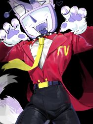 1boy animal_ears animal_hands ant_tenna asd1565326 belt belt_buckle black_background black_belt black_pants buckle collar cowboy_shot crt deltarune fangs heart kemonomimi_mode male_focus necktie object_head open_mouth pants paw_pose pointy_nose shirt solo spiked_collar spikes tail tailcoat tongue tongue_out white_shirt yellow_necktie