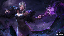 1girl black_dress braid breasts cleavage closed_mouth copyright_name dress full_body grey_hair highres holding holding_staff king_arthur:_legends_rise large_breasts lips logo long_hair looking_at_viewer mage_staff magic morgan_le_fay_(king_arthur:_legends_rise) navel official_art smile solo staff thighs