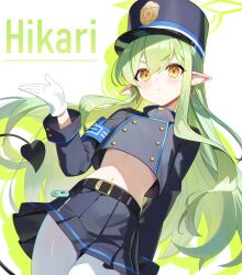 1girl black_hat black_jacket black_skirt blue_archive character_name commentary_request demon_tail gloves green_hair green_halo halo hat highres hikari_(blue_archive) jacket long_sleeves looking_at_viewer melreon pantyhose pointy_ears skirt solo tail white_gloves white_pantyhose yellow_eyes