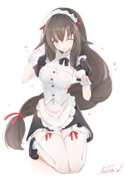 1girl apron black_bow black_bowtie black_dress black_footwear bow bowtie breasts brown_hair cleavage detached_collar dress garter_straps hair_ornament hair_ribbon hairclip highres kneeling livetarica looking_at_viewer maid maid_apron maid_headdress medium_breasts one_eye_closed original paw_pose puffy_sleeves red_eyes red_ribbon ribbon shoes short_sleeves smile socks thighhighs tongue tongue_out white_apron white_background white_thighhighs wink wrist_cuffs