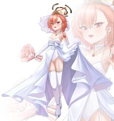 1girl absurdres ahoge alternate_costume asymmetrical_bangs blue_archive blush bouquet braid bridal_veil commentary crown dress elbow_gloves fang flower garter_straps gloves hair_between_eyes highres holding holding_bouquet huge_ahoge leotard loli long_hair looking_at_viewer neru_(blue_archive) open_mouth pink_flower red_eyes red_hair shoes sidelocks single_braid skirt_hold solo taeman thighhighs veil wedding_dress white_dress white_garter_straps white_gloves white_leotard white_shoes white_thighhighs