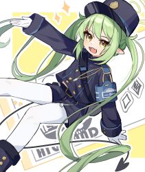 Rule 34 | 1girl, :d, absurdres, arm support, armband, backpack, bag, belt, belt buckle, black belt, blue archive, blue armband, blue boots, blue hat, blue jacket, blue shorts, boots, buckle, buttoned cuffs, buttons, chinese commentary, commentary request, cropped jacket, cupping hand, demon tail, dot nose, double-breasted, eyes visible through hair, fang, feet out of frame, floating hair, foot up, gloves, green hair, green halo, hair between eyes, halo, hat, highres, invisible floor, jacket, knee up, leaning back, light blush, long hair, long sleeves, looking at viewer, midriff peek, mogu kinoko, nozomi (blue archive), open mouth, outline, outstretched arm, pantyhose, partial commentary, peaked cap, pointy ears, revision, short shorts, shorts, sidelocks, sitting, skin fang, sleeve cuffs, smile, solo, sparkle, tail, ticket, twintails, two-tone background, very long hair, wavy hair, white gloves, white outline, white pantyhose, yellow background, yellow eyes