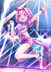 1girl :d absurdres animal_ears anniversary arm_up blush bow breasts clenched_hands commentary_request ear_bow flower-shaped_pupils full_body hair_intakes hairband hand_up haru_urara_(umamusume) highres horse_ears horse_girl horse_tail long_hair looking_at_viewer midair midriff moko39_takasora navel open_mouth pink_hair ponytail purple_eyes red_hairband red_scrunchie red_shorts sandals scrunchie shirt short_shorts short_sleeves shorts small_breasts smile solo symbol-shaped_pupils tail tied_shirt umamusume white_bow white_sandals white_shirt wrist_scrunchie