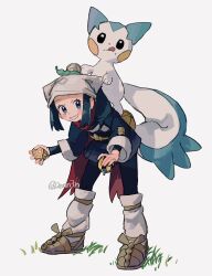 1girl 2enn3n akari_(pokemon) alpha_pokemon galaxy_expedition_team_survey_corps_uniform gen_4_pokemon headscarf highres hisuian_ultra_ball nintendo on_head pachirisu pokemon pokemon_(creature) pokemon_legends:_arceus pokemon_on_head red_scarf scarf white_headscarf