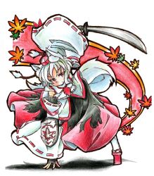 1girl animal_ear_fluff animal_ears black_skirt colored_pencil_(medium) commentary_request detached_sleeves full_body geta gokuu_(acoloredpencil) hand_on_ground hat highres holding holding_sword holding_weapon inubashiri_momiji leaf long_skirt long_sleeves looking_at_viewer maple_leaf red_eyes red_hat red_sandals red_skirt ribbon-trimmed_sleeves ribbon_trim sandals shadow shield shirt short_hair skirt solo sword tail tengu-geta tokin_hat touhou traditional_media two-tone_skirt v-shaped_eyebrows weapon white_background white_hair white_shirt white_sleeves wide_sleeves wolf_ears wolf_girl wolf_tail