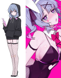 Rule 34 | 1girl, absurdres, animal ears, armband, bandaid, bandaid on knee, bandaid on leg, bare shoulders, black armband, black hoodie, black leotard, black shoes, blue eyes, blue hair, bow, bowtie, breasts, center-flap bangs, channel (caststation), closed mouth, cutout above navel, detached collar, drooling, fake animal ears, fake tail, fishnet thighhighs, fishnets, full body, hair ornament, hand in pocket, hatsune miku, heart, heart-shaped pupils, high heels, highres, holding, holding phone, hood, hood up, hoodie, leotard, medium breasts, multiple views, necktie, open mouth, phone, pink background, price tag, rabbit ears, rabbit hole (vocaloid), rabbit tail, red bow, red bowtie, red necktie, shoes, sweat, symbol-shaped pupils, tail, thighhighs, torogao, twintails, vocaloid, x hair ornament, zettai ryouiki