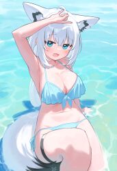Rule 34 | 1girl, :d, absurdres, ahoge, alternate costume, animal ear fluff, animal ear piercing, animal ears, arm support, arm up, armpits, bikini, blue bikini, breasts, cleavage, commentary request, crossed bangs, day, double-parted bangs, extra ears, fox ears, fox girl, fox shadow puppet, fox tail, front-tie bikini top, front-tie top, hair between eyes, halterneck, highres, hololive, large breasts, long hair, looking at viewer, navel, open mouth, outdoors, pentagram, revision, shirakami fubuki, side-tie bikini bottom, sitting, smile, solo, swimsuit, tail, thigh strap, verdey, virtual youtuber, water, white hair