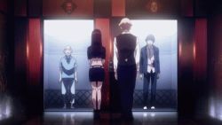 10s 1girl 3boys animated animated_gif black_hair chiyuki_(death_parade) death_parade decim_(death_parade) lowres multiple_boys white_hair