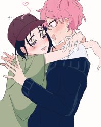 Rule 34 | 2girls, alien stage, arms around neck, baseball cap, black hair, blue sweater, blush, brown hat, commentary, earrings, green shirt, half-closed eyes, hashtag-only commentary, hat, heart, highres, jewelry, long sleeves, mizi (alien stage), multiple girls, off-shoulder sweater, off shoulder, pink hair, purple eyes, shirt, short hair, short sleeves, sua (alien stage), sweater, very short hair, viga uzk, white shirt, yellow eyes, yuri