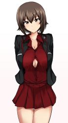Rule 34 | 1girl, arms behind back, black jacket, blush, breasts, brown eyes, brown hair, cleavage, collarbone, cowboy shot, dress shirt, female focus, girls und panzer, hair between eyes, highres, jacket, kuromorimine military uniform, large breasts, long sleeves, looking at viewer, miniskirt, nishizumi maho, open clothes, open jacket, pleated skirt, poshi (ginmokusei), red shirt, red skirt, shirt, short hair, skirt, skirt set, smile, solo, thigh gap, unbuttoned