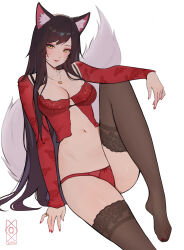 1girl absurdres ahri_(league_of_legends) animal_ear_fluff animal_ears black_hair black_thighhighs bow bow_panties breasts collarbone facial_mark feet fox_ears fox_tail front_slit heart heart_necklace highres jewelry knee_up league_of_legends long_hair long_sleeves looking_at_viewer nail_polish navel necklace panties pants quilm red_nails red_panties red_shirt shirt simple_background sitting solo stomach tail thighhighs toenail_polish toenails toes underwear very_long_hair whisker_markings white_background yellow_eyes