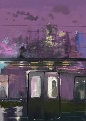 Rule 34 | 1girl, building, city, cityscape, night, night sky, original, overhead line, painting (medium), power lines, purple sky, scenery, sky, slow d, traditional media, train