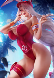 Rule 34 | 1girl, animal ears, armband, azur lane, beach, breasts, cleavage, covered navel, from below, hat, highleg, highleg one-piece swimsuit, holding, holding whistle, large breasts, lifeguard, long hair, looking at viewer, olchas, one-piece swimsuit, palm tree, pouch, prinz heinrich (azur lane), prinz heinrich (rabbit on watch) (azur lane), rabbit ears, red eyes, red hat, red one-piece swimsuit, smile, solo, swimsuit, thick thighs, thigh pouch, thigh strap, thighs, tree, upper body, whistle, whistle around neck, white hair, wristband