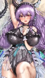 Rule 34 | 1girl, absurdres, arknights, arm up, armpits, black horns, black one-piece swimsuit, black tail, blush, breasts, commentary request, fake horns, frilled one-piece swimsuit, frills, highleg, highleg one-piece swimsuit, highres, horns, knee up, large breasts, long hair, looking at viewer, low twintails, lying, lying on water, official alternate costume, official alternate hairstyle, on back, one-piece swimsuit, open mouth, purple hair, putcho, red eyes, solo, swimsuit, thighs, twintails, typhon (arknights), typhon (temperature difference) (arknights), wet, wet clothes, wet swimsuit