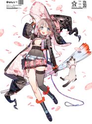 1girl absurdres ahoge asymmetrical_clothes belt black_boots black_bra black_jacket black_skirt black_thighhighs blue_eyes boots bra broom cat checkered_clothes commentary fake_wings falling_petals frilled_footwear frilled_skirt frills full_body gloves hachihito hat high-waist_skirt highres jacket large_hat looking_at_viewer medium_hair miniskirt open_mouth original petals pink_hair single_bare_leg single_glove single_thighhigh skirt solo symbol-only_commentary thighhighs underwear white_background wings witch_hat