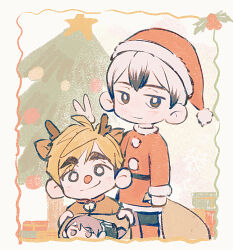 3boys animal_costume animal_ears antlers arm_at_side bag black_eyes black_hair blonde_hair boots border box bright_pupils brothers character_doll chinese_commentary christmas christmas_tree closed_mouth colored_tips commentary_request deer_ears deformed doll fake_animal_ears gift gift_box haikyuu!! hat highres holding holding_bag holly horns in_container in_sack kita_shinsuke linbeiyx looking_at_viewer male_focus mismatched_eyebrows miya_atsumu miya_osamu multicolored_hair multiple_boys pom_pom_(clothes) red_boots red_nose reindeer_antlers reindeer_costume sack santa_costume santa_hat short_hair siblings smile smirk star_(symbol) thick_eyebrows twins two-tone_hair v very_short_hair white_border white_hair white_pupils