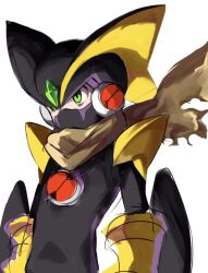 Rule 34 | 1boy, bass.exe (mega man), black bodysuit, black helmet, bodysuit, brown scarf, double soul (mega man), fins, forehead jewel, green eyes, head fins, helmet, male focus, mask, mega man (series), mega man battle network (series), megaman.exe, missing commentary, mouth mask, rokuroku551, scarf, simple background, solo, upper body, white background