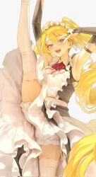 1girl apron armpits arms_up bangsom black_bridal_gauntlets blonde_hair blue_eyes bridal_gauntlets commentary english_commentary highres long_hair looking_at_viewer maid maid_headdress neck_ribbon open_mouth original pantaloons red_ribbon ribbon simple_background smile solo split standing standing_on_one_leg standing_split teeth thighhighs upper_teeth_only v very_long_hair white_apron white_background white_thighhighs