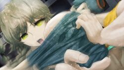 1boy 1girl amane_suzuha attack bare_shoulders biceps blue_jacket braid brown_hair clothes_pull collarbone crt dutch_angle dynamic_pose eyelashes fingernails floating_hair game_cg hair_between_eyes hair_tie highres holding_sleeve huke indoors jacket jacket_over_head long_sleeves looking_at_another monitor muscular muscular_male narrowed_eyes non-web_source official_art open_mouth pouncing removing_jacket ringed_eyes science_adventure screaming serious shirt square_pupils steins;gate tall_male tank_top teeth tennouji_yuugo tongue track_jacket twin_braids twintails upper_teeth_only white_tank_top yellow_eyes